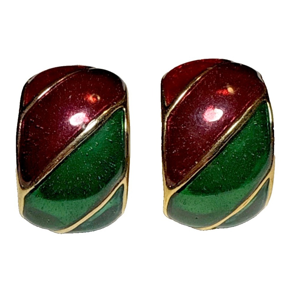 Gold Tone Red and Green Clip On Earrings Vtg J-6Q